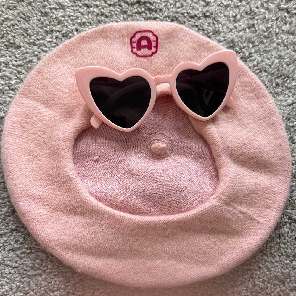 Alamo Drafthouse Barbie Pink Beret Hat and Heart Sunglasses Accessories Set